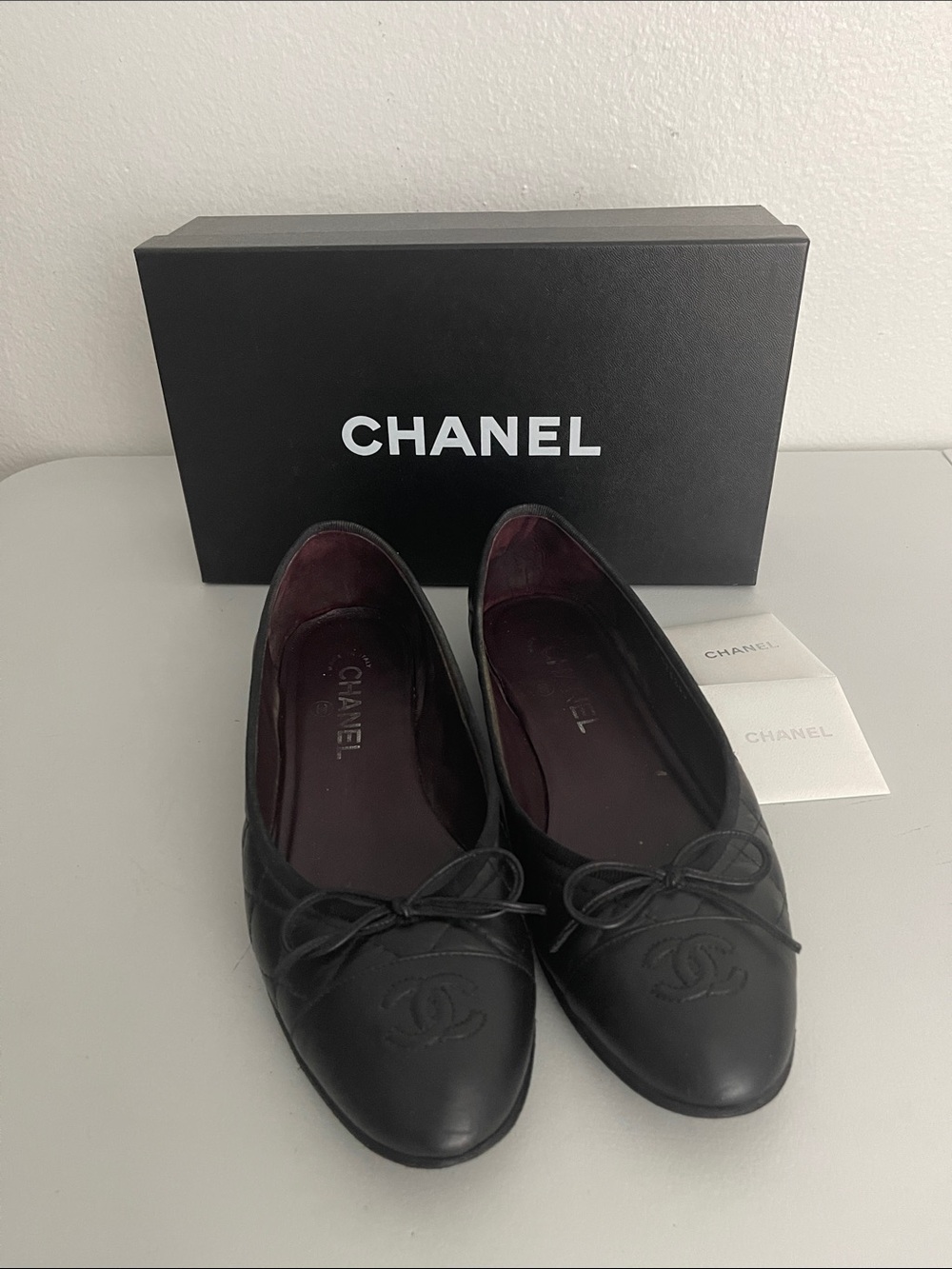 CHANEL Classic Quilted Black Leather CC Ballet Flats Size 38.5 US 7.5 w Box - Picture 2 of 9